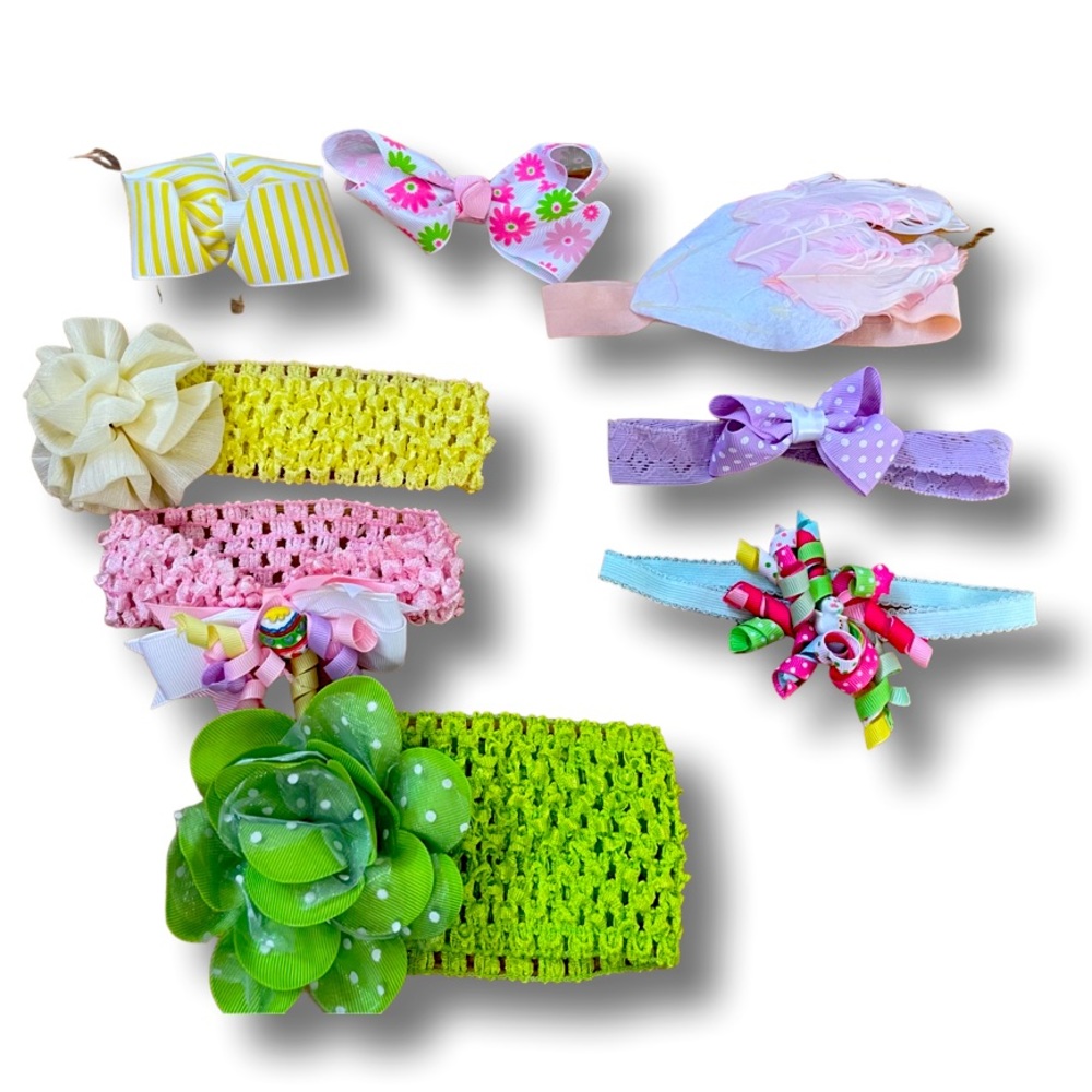 Girl bows headbands set 8 Easter spring floral ribbon green pink yellow purple